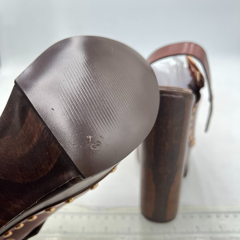 Brown Leather Studded Block Heel Slingback Clog - Picture 6 of 8